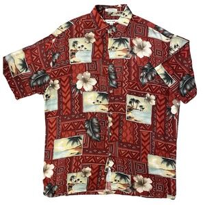 Pierre Cardin Hawaiian Shirt Mens M Red‎ Tropical Scenic Rayon Short Sleeve